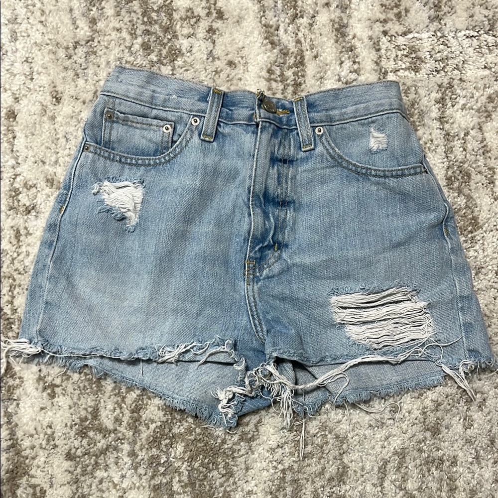 BDG Blue Distressed Jean Shorts with Frayed Hem